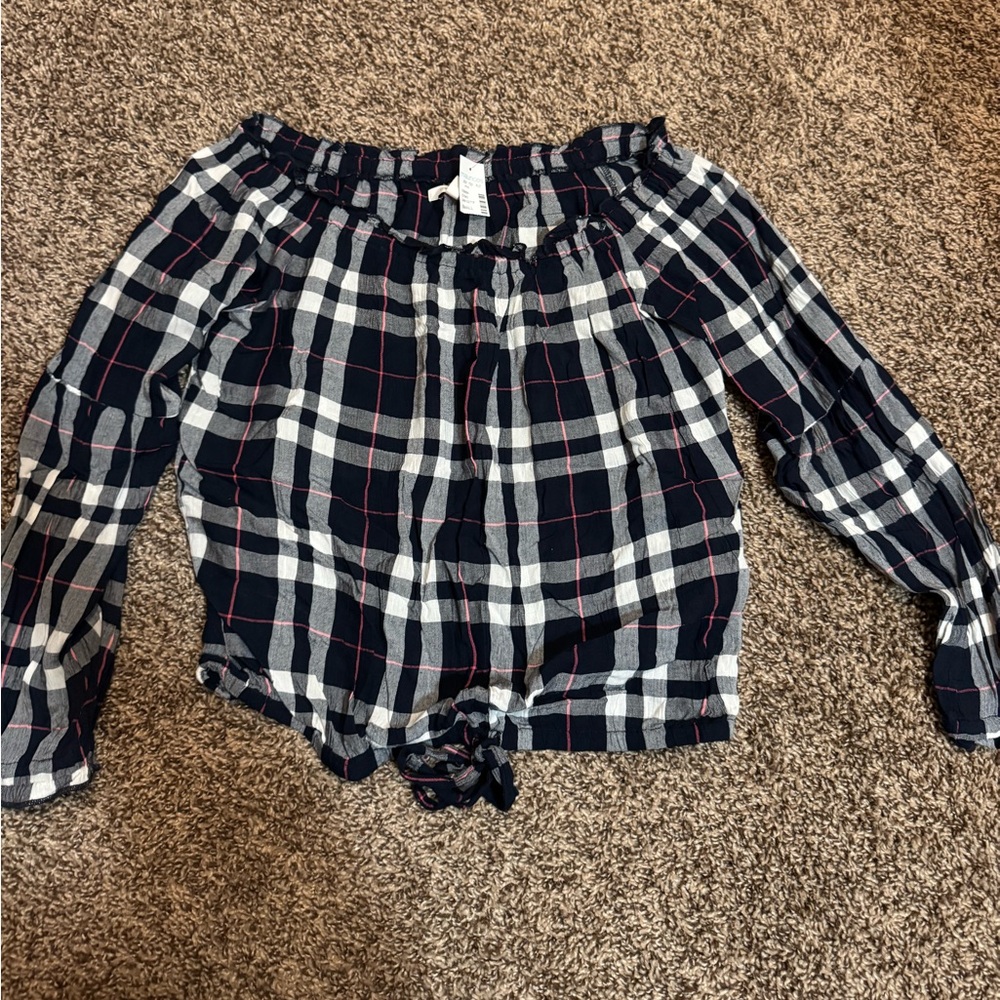 Maurices Navy and Pink Plaid Top